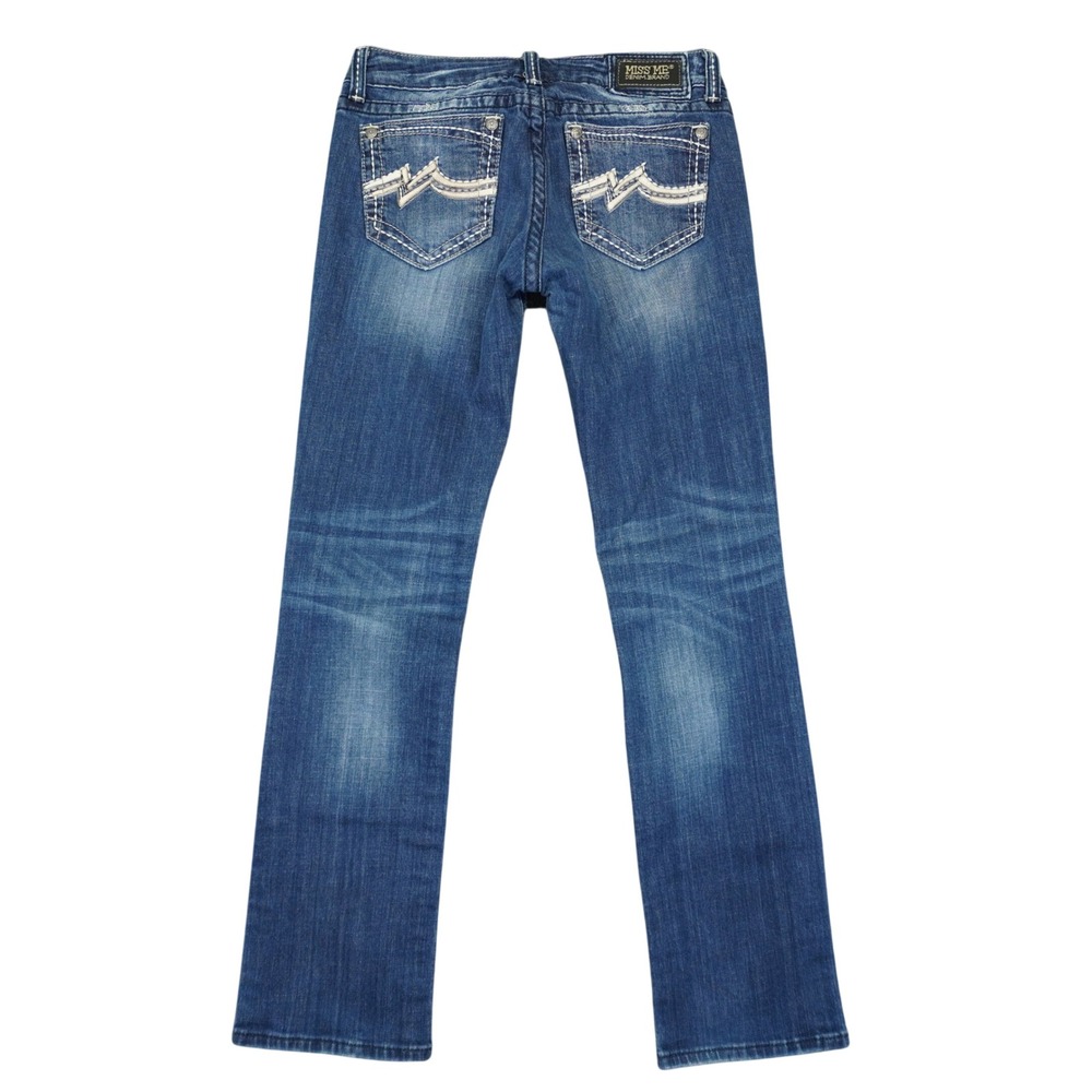 Miss Me Straight Leg Jeans Womens 31 Dark Wash Whisker Embellished Pocket Low